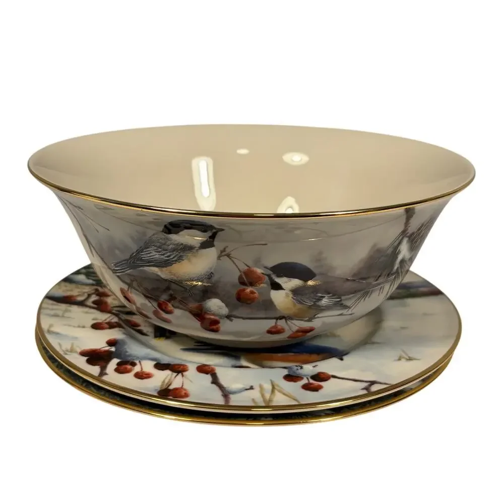 Lenox Winter Greetings Scenic Cardinal Waxwing Birds Serving Plates Bowl Set 3